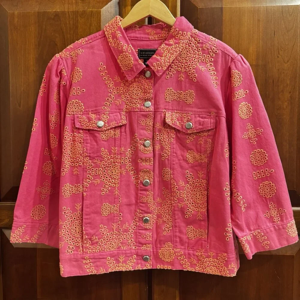 G by Giuliana Women's Black Label Puff-Sleeve Eyelet Jean Jacket Magenta Size 1X